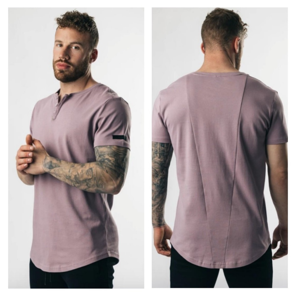 Alphalete Lux short sleeve henley style tee in a dusty lavender color